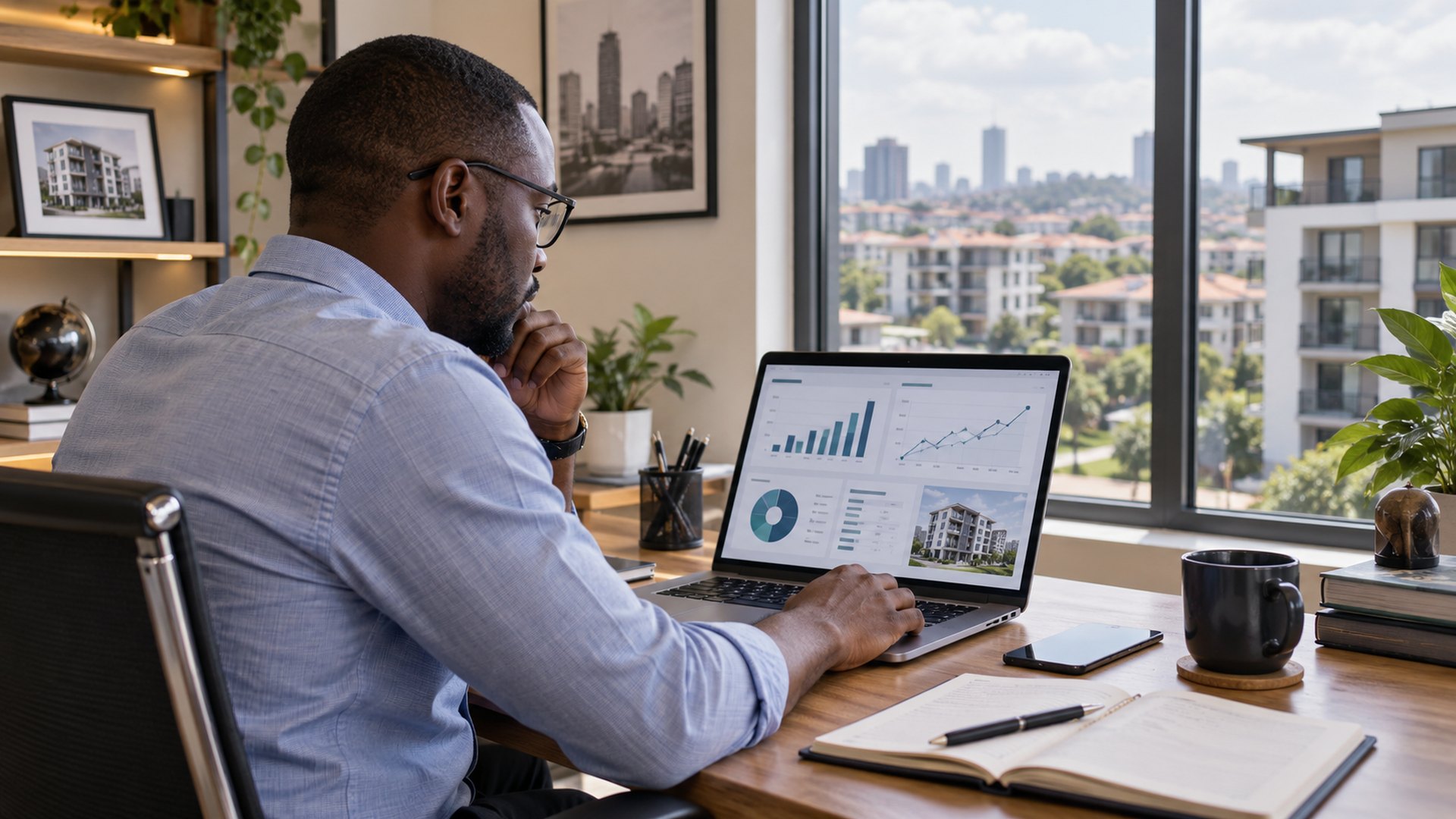 Property owner reviewing rental reports, statements and portfolio analytics in Kenya