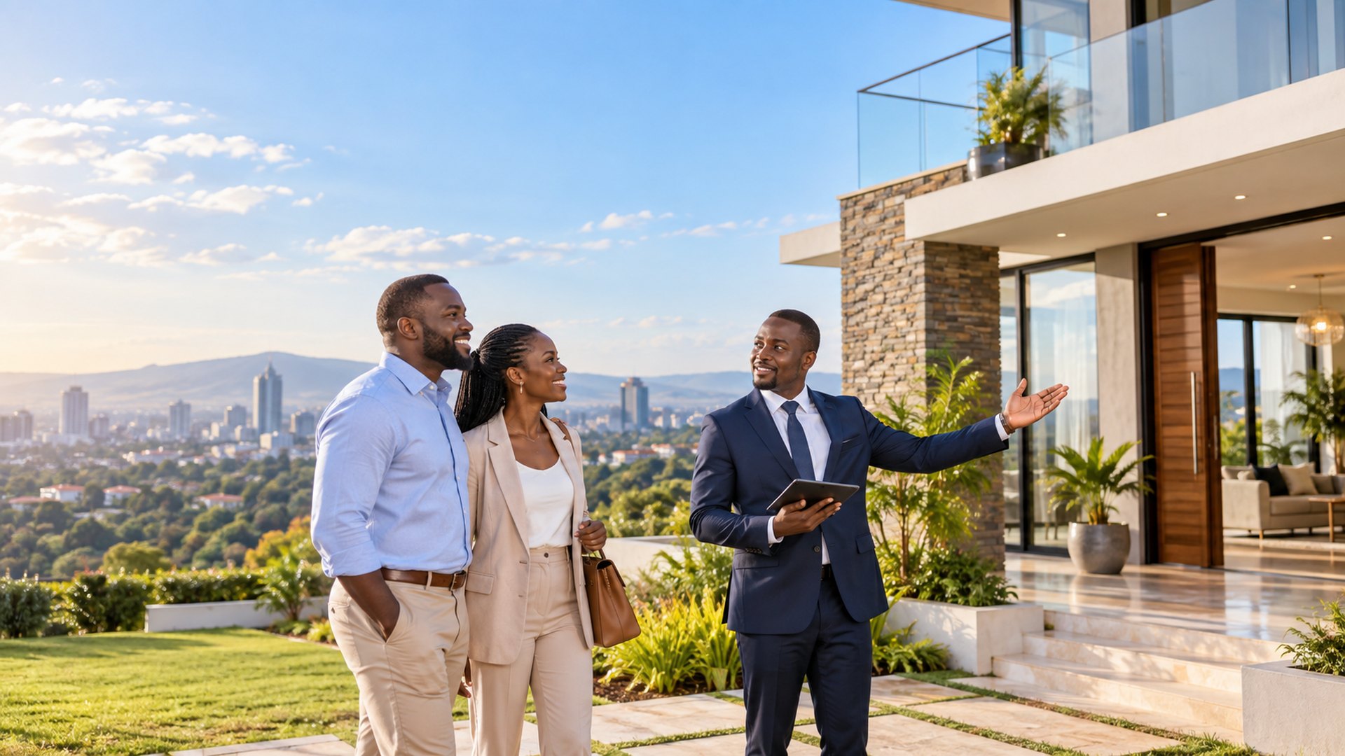 Professional real estate agent presenting a modern property to clients in Kenya