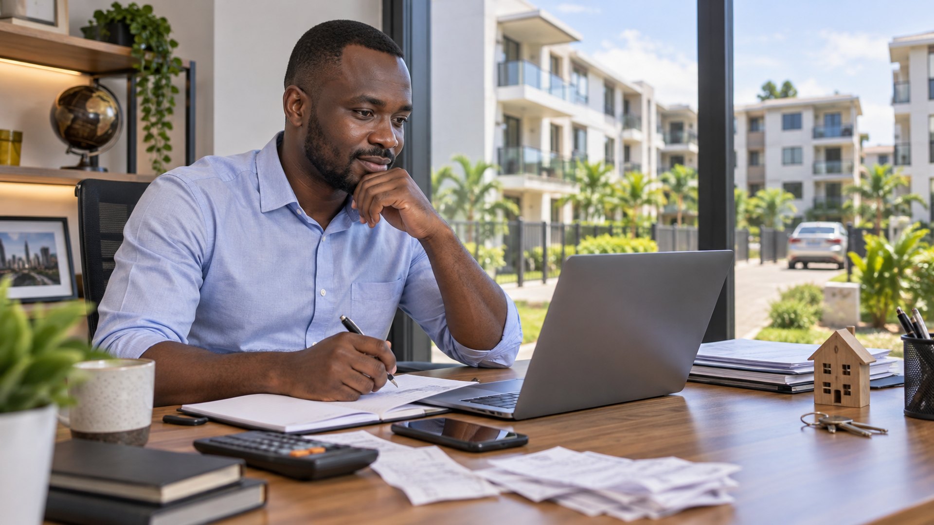 Landlord reviewing rent collection records and rental payments for Kenyan properties