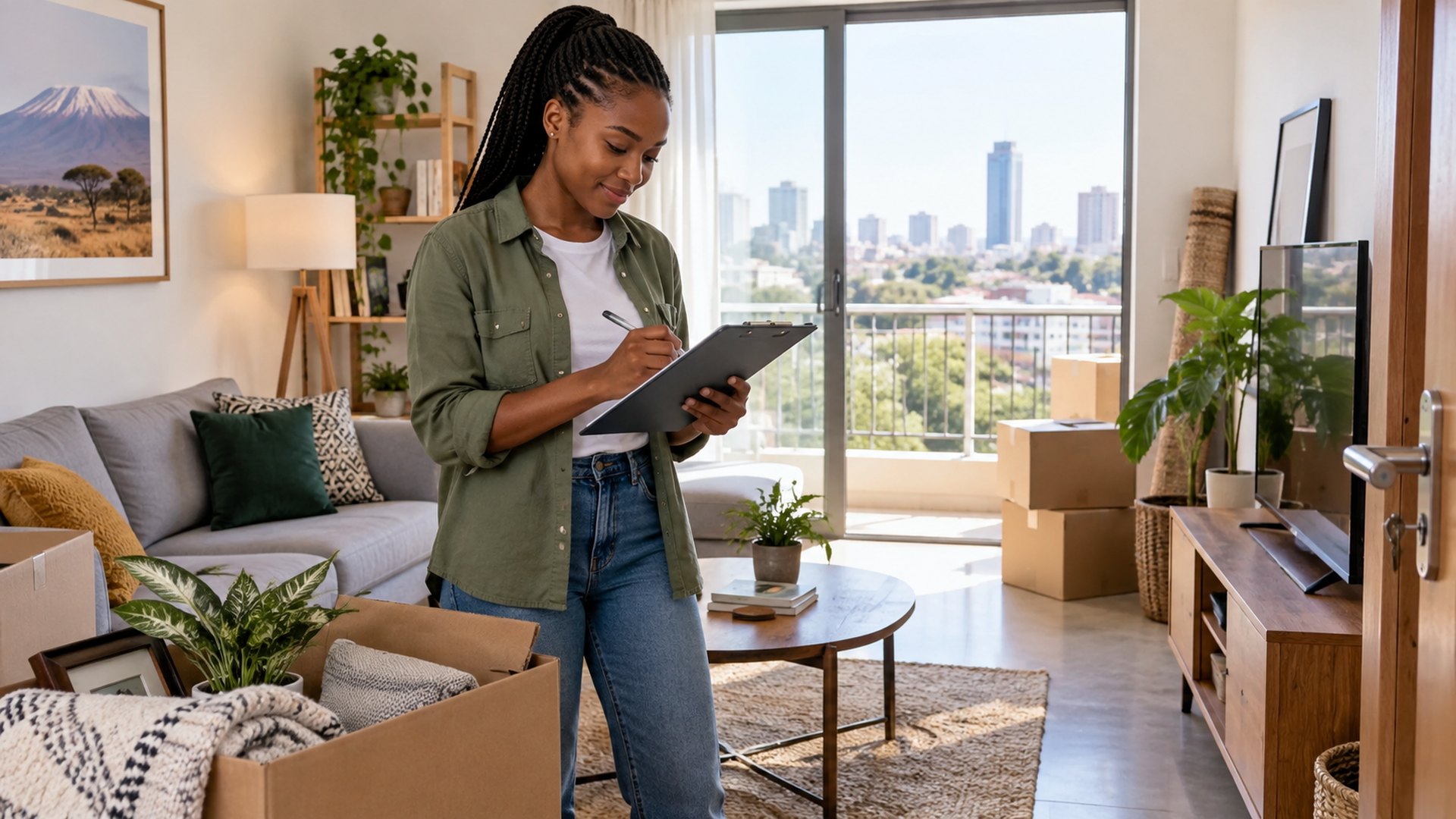 Tenant completing a move-in rental checklist inside a modern Kenyan apartment